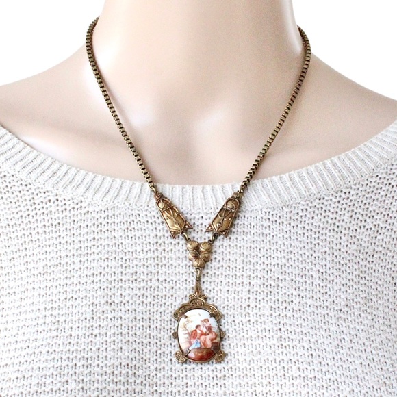 Vintage Porcelain Lovers Courting Scene Pendant Necklace Brass Lariat Y Shape - Picture 1 of 4